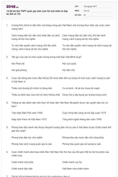 16 Đề thi thử THPT quốc gia môn Lịch Sử mới nhất có đáp án (Đề số 16)