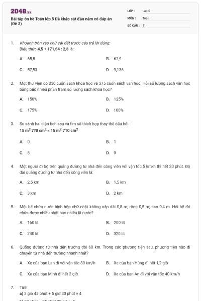 Bài tập ôn hè Toán lớp 5 Đề khảo sát đầu năm có đáp án (Đề 3)