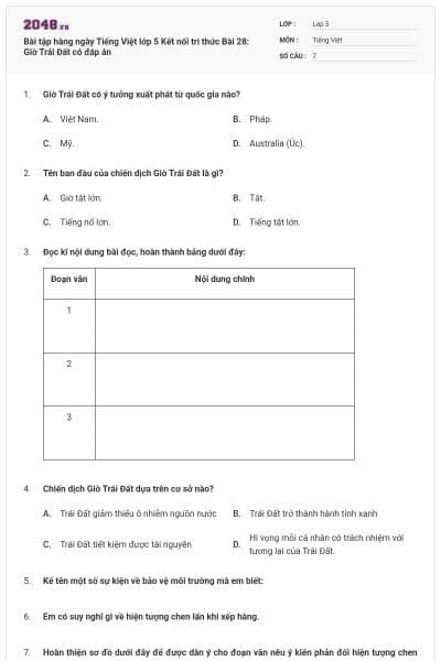 Bài tập hàng ngày Tiếng Việt lớp 5 Kết nối tri thức Bài 28: Giờ Trái Đất có đáp án