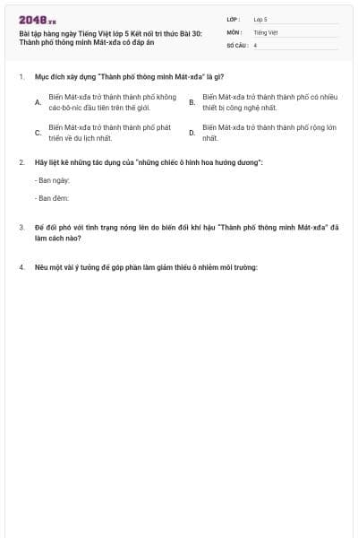 Bài tập hàng ngày Tiếng Việt lớp 5 Kết nối tri thức Bài 30: Thành phố thông minh Mát-xđa có đáp án