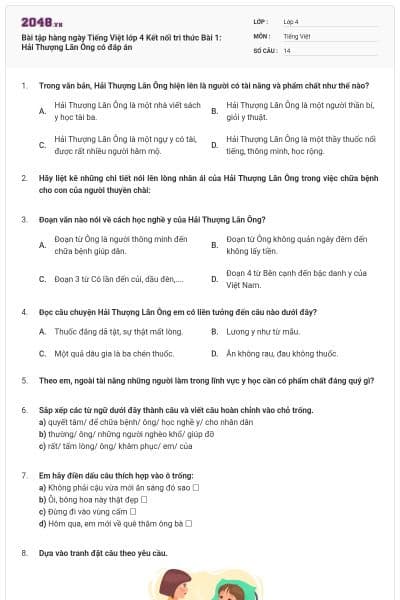 Bài tập hàng ngày Tiếng Việt lớp 4 Kết nối tri thức Bài 1: Hải Thượng Lãn Ông có đáp án