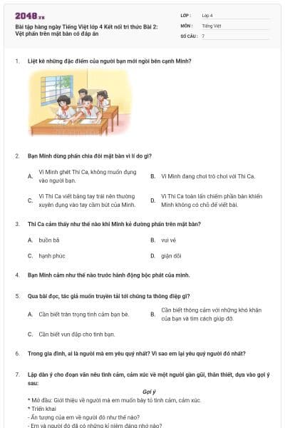 Bài tập hàng ngày Tiếng Việt lớp 4 Kết nối tri thức Bài 2: Vệt phấn trên mặt bàn  có đáp án