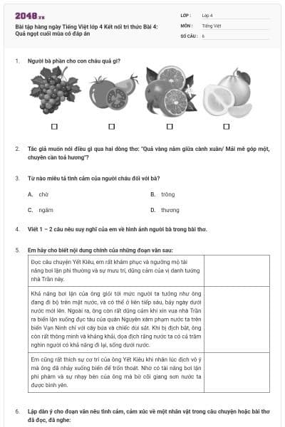 Bài tập hàng ngày Tiếng Việt lớp 4 Kết nối tri thức Bài 4: Quả ngọt cuối mùa có đáp án