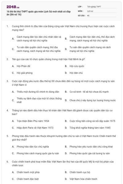 16 Đề thi thử THPT quốc gia môn Lịch Sử mới nhất có đáp án (Đề số 16)