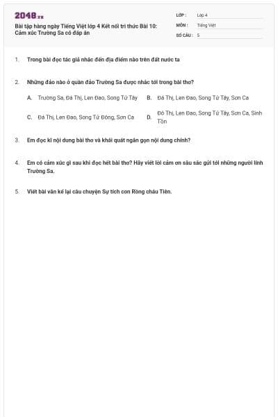 Bài tập hàng ngày Tiếng Việt lớp 4 Kết nối tri thức Bài 10: Cảm xúc Trường Sa có đáp án