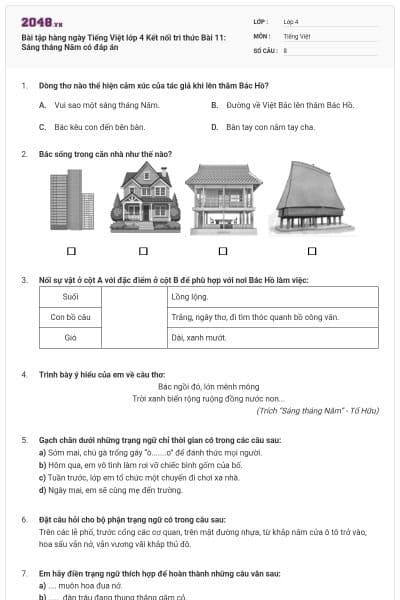 Bài tập hàng ngày Tiếng Việt lớp 4 Kết nối tri thức Bài 11: Sáng tháng Năm có đáp án