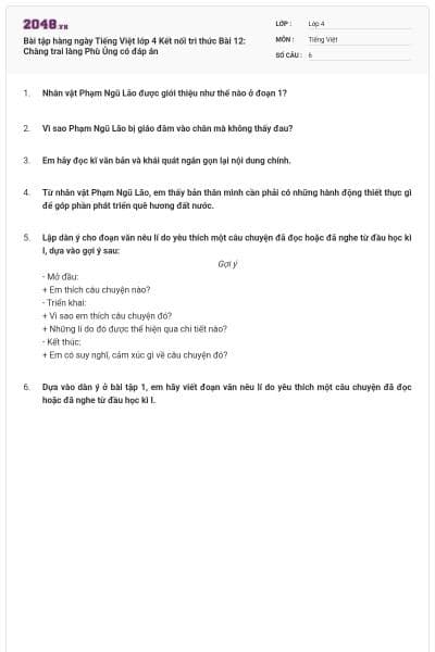 Bài tập hàng ngày Tiếng Việt lớp 4 Kết nối tri thức Bài 12: Chàng trai làng Phù Ủng có đáp án