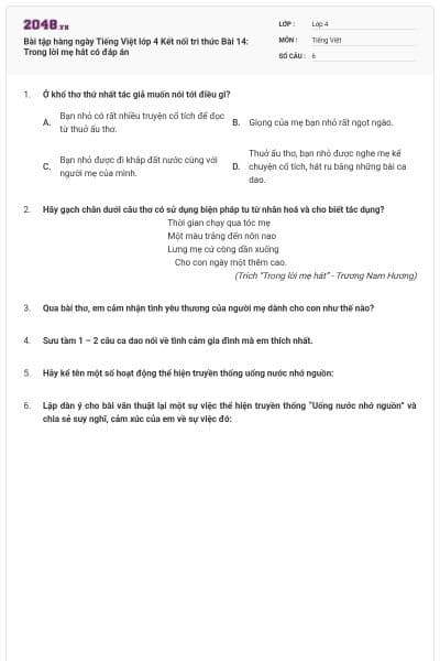 Bài tập hàng ngày Tiếng Việt lớp 4 Kết nối tri thức Bài 14: Trong lời mẹ hát có đáp án