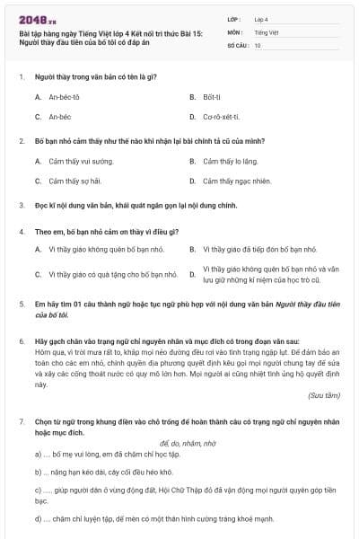 Bài tập hàng ngày Tiếng Việt lớp 4 Kết nối tri thức Bài 15: Người thầy đầu tiên của bố tôi có đáp án