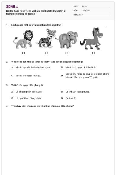 Bài tập hàng ngày Tiếng Việt lớp 4 Kết nối tri thức Bài 16: Ngựa biên phòng có đáp án