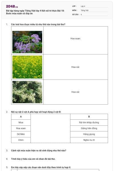 Bài tập hàng ngày Tiếng Việt lớp 4 Kết nối tri thức Bài 18: Bước mùa xuân có đáp án