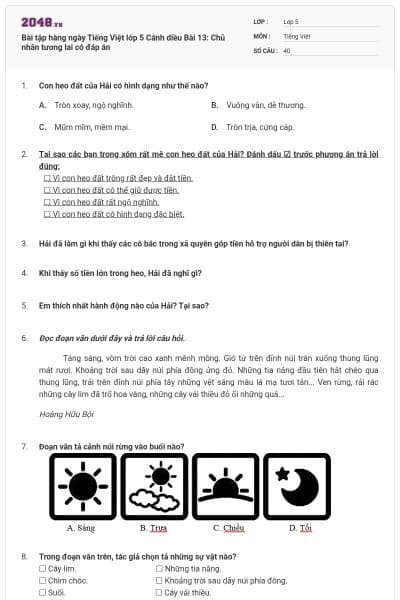 Bài tập hàng ngày Tiếng Việt lớp 5 Cánh diều Bài 13: Chủ nhân tương lai có đáp án