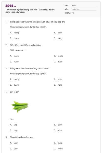 10 câu Trắc nghiệm Tiếng Việt lớp 1 Cánh diều Bài 54: ươm - ươp có đáp án