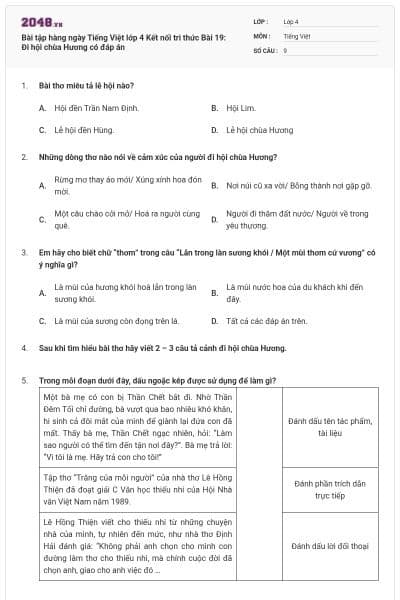 Bài tập hàng ngày Tiếng Việt lớp 4 Kết nối tri thức Bài 19: Đi hội chùa Hương có đáp án