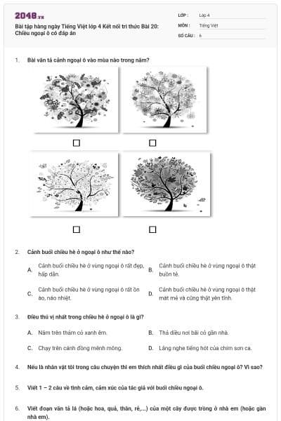 Bài tập hàng ngày Tiếng Việt lớp 4 Kết nối tri thức Bài 20: Chiều ngoại ô có đáp án