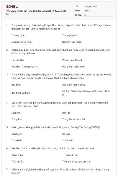 Tổng hợp đề thi thử môn Lịch Sử mới nhất có đáp án (Đề 5)