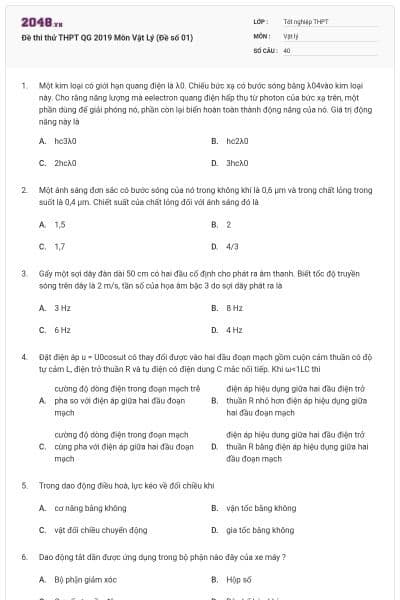 Đề thi thử THPT QG 2019 Môn Vật Lý (Đề số 01)