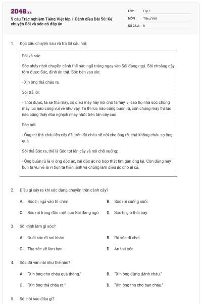 5 câu Trắc nghiệm Tiếng Việt lớp 1 Cánh diều Bài 56: Kể chuyện Sói và sóc có đáp án