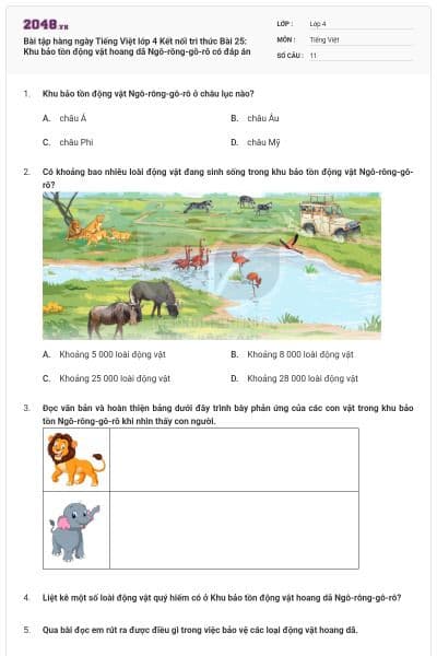 Bài tập hàng ngày Tiếng Việt lớp 4 Kết nối tri thức Bài 25: Khu bảo tồn động vật hoang dã Ngô-rông-gô-rô có đáp án