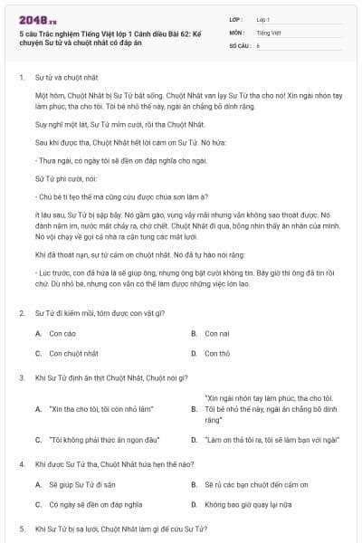 5 câu Trắc nghiệm Tiếng Việt lớp 1 Cánh diều Bài 62: Kể chuyện Sư tử và chuột nhắt có đáp án