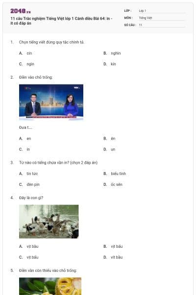 11 câu Trắc nghiệm Tiếng Việt lớp 1 Cánh diều Bài 64: in - it có đáp án