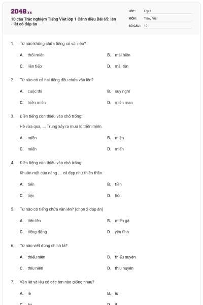 10 câu Trắc nghiệm Tiếng Việt lớp 1 Cánh diều Bài 65: iên - iêt có đáp án