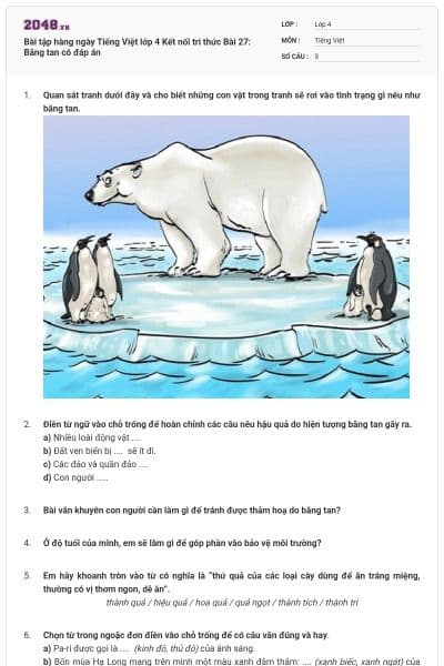 Bài tập hàng ngày Tiếng Việt lớp 4 Kết nối tri thức Bài 27: Băng tan có đáp án