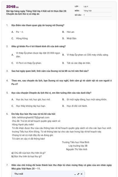 Bài tập hàng ngày Tiếng Việt lớp 4 Kết nối tri thức Bài 28: Chuyến du lịch thú vị có đáp án