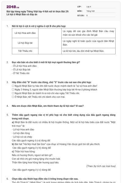 Bài tập hàng ngày Tiếng Việt lớp 4 Kết nối tri thức Bài 29: Lễ hội ở Nhật Bản có đáp án