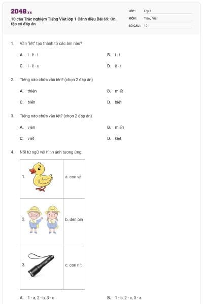 10 câu Trắc nghiệm Tiếng Việt lớp 1 Cánh diều Bài 69: Ôn tập có đáp án