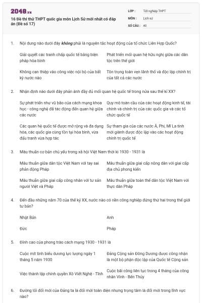 16 Đề thi thử THPT quốc gia môn Lịch Sử mới nhất có đáp án (Đề số 17)
