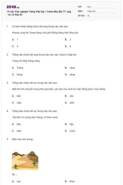 10 câu Trắc nghiệm Tiếng Việt lớp 1 Cánh diều Bài 77: ang - ac có đáp án