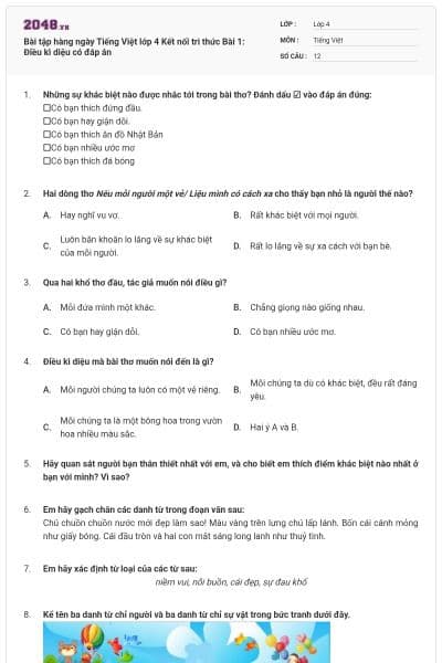 Bài tập hàng ngày Tiếng Việt lớp 4 Kết nối tri thức Bài 1: Điều kì diệu  có đáp án