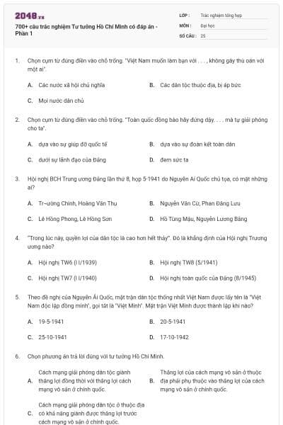 700+ câu trắc nghiệm Tư tưởng Hồ Chí Minh có đáp án - Phần 1