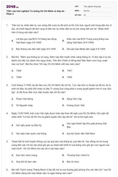 700+ câu trắc nghiệm Tư tưởng Hồ Chí Minh có đáp án - Phần 2
