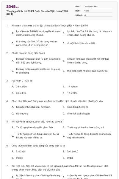 Tổng hợp đề thi thử THPT Quốc Gia môn Vật Lí năm 2020 (Đề 1)