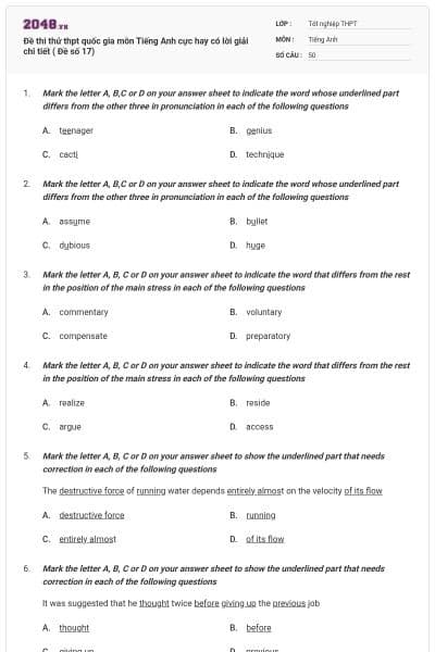Đề thi thử thpt quốc gia môn Tiếng Anh cực hay có lời giải chi tiết ( Đề số 17)