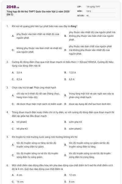 Tổng hợp đề thi thử THPT Quốc Gia môn Vật Lí năm 2020 (Đề 2)