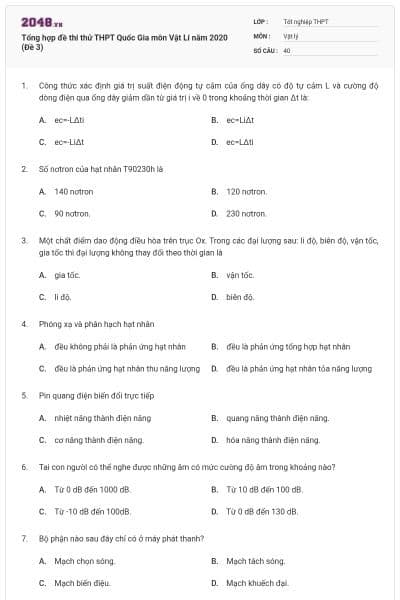 Tổng hợp đề thi thử THPT Quốc Gia môn Vật Lí năm 2020 (Đề 3)