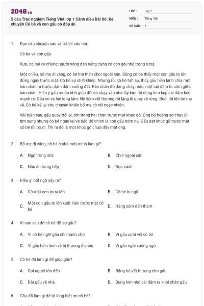 5 câu Trắc nghiệm Tiếng Việt lớp 1 Cánh diều Bài 86: Kể chuyện Cô bé và con gấu có đáp án