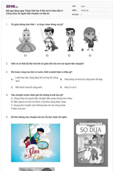 Bài tập hàng ngày Tiếng Việt lớp 4 Kết nối tri thức Bài 4: Công chúa và người dẫn chuyện có đáp án