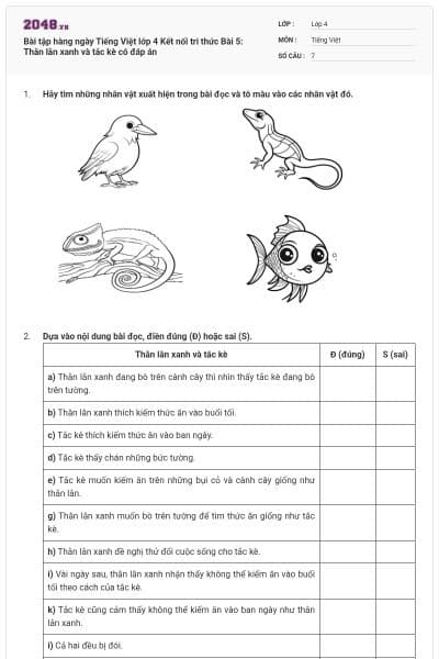 Bài tập hàng ngày Tiếng Việt lớp 4 Kết nối tri thức Bài 5: Thằn lằn xanh và tắc kè có đáp án