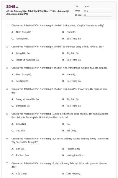 40 câu Trắc nghiệm Atlat Địa lí Việt Nam: Thiên nhiên nhiệt đới ẩm gió mùa (P1)
