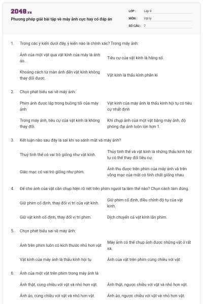 Phương pháp giải bài tập về máy ảnh cực hay có đáp án