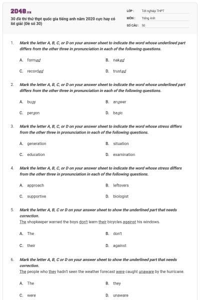 30 đề thi thử thpt quốc gia tiếng anh năm 2020 cực hay có lời giải (Đề số 30)