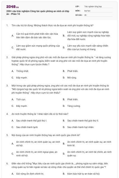 200+ câu trắc nghiệm Công tác quốc phòng an ninh có đáp án - Phần 10