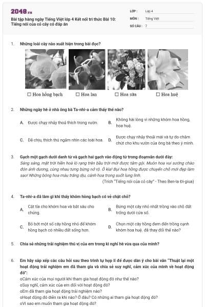 Bài tập hàng ngày Tiếng Việt lớp 4 Kết nối tri thức Bài 10: Tiếng nói của cỏ cây có đáp án