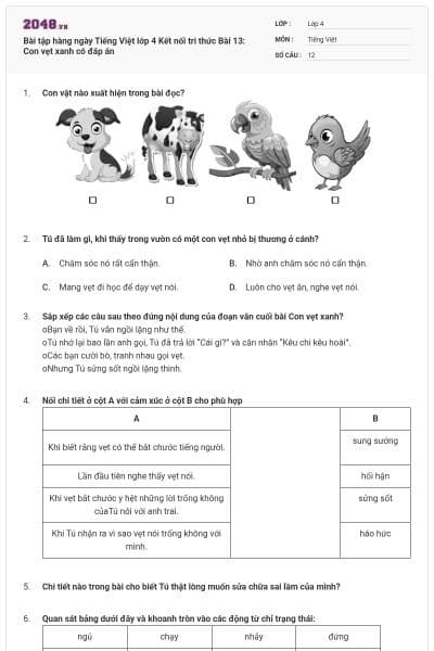 Bài tập hàng ngày Tiếng Việt lớp 4 Kết nối tri thức Bài 13: Con vẹt xanh có đáp án