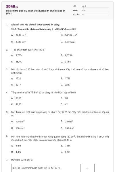 Đề kiểm tra giữa kì 2 Toán lớp 5 Kết nối tri thức có đáp án (Đề 2)