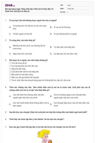 Bài tập hàng ngày Tiếng Việt lớp 4 Kết nối tri thức Bài 14: Chân trời cuối phố có đáp án